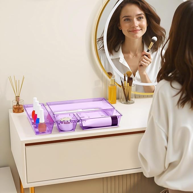 StorMiracle 32 PCS Clear Plastic Drawer Organizer Set, 4-Size vanity organizer Trays and Storage Bins for Makeup, Jewelry and Gadgets in Bedroom, Bathroom and Office, Clear Purple