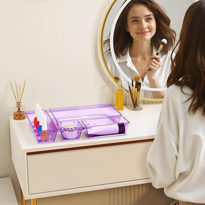 StorMiracle 32 PCS Clear Plastic Drawer Organizer Set, 4-Size vanity organizer Trays and Storage Bins for Makeup, Jewelry and Gadgets in Bedroom, Bathroom and Office, Clear Purple