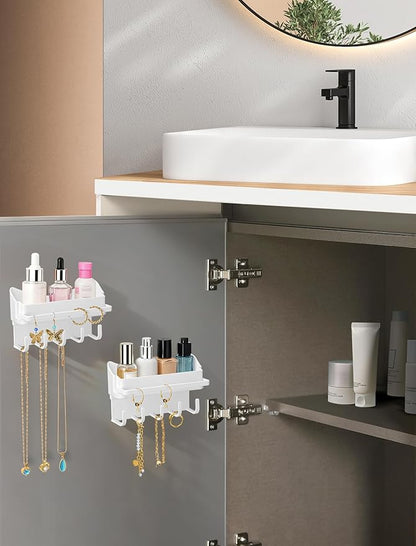 NiHome 2-Pack Multi-Functional Wall Storage Rack with Hooks, No Drill Adhesive Wall Mounted Organizer for Necklace, Jewelry, Headbands, Glasses, Vanity Accessory Shelf & Bathroom Storage Organizer