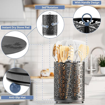YIUKEA 360° Rotating Utensil Holder - Extra Large Cooking Utensils Caddy Counter Organizer with Instant-Dry and Removable Base for Kitchen Tools