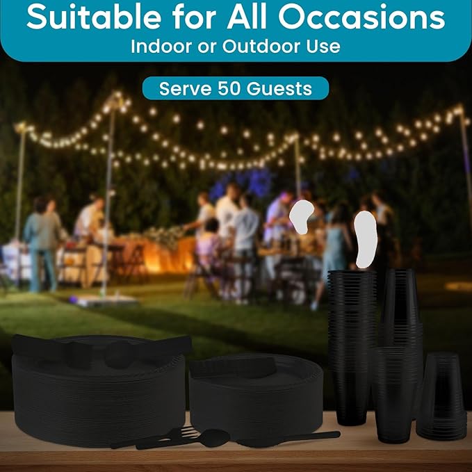 Framo 300 Piece Disposable Black Tableware Set for 50 Guests - Microwavable Plastic Dinnerware Set of 50 9” Plates, 50 6” Dessert Plates, 50 9oz Cups, 50 Spoons, 50 Forks, 50 Knives