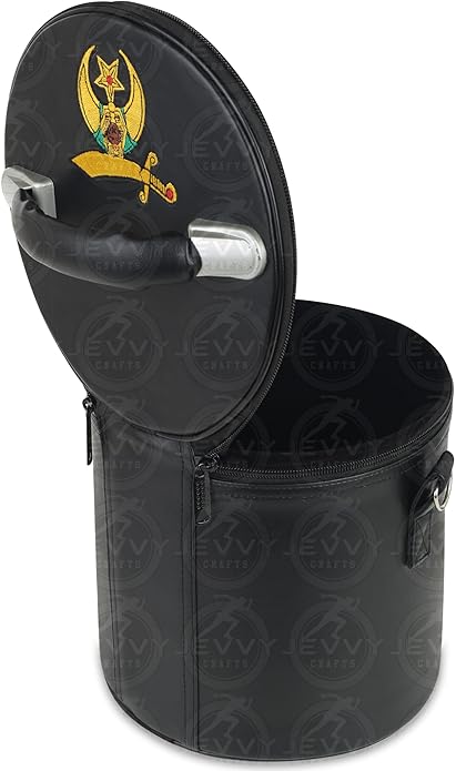 Shriner Fez Regalia Case – Black Faux Leather with Embroidered Emblems, Handle & Hanging Shoulder Strap – Masonic Storage Bag