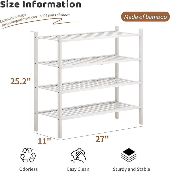 Bamboo Shoe Rack Stackable Shoe Shelf Storage Organizer for Unit Entryway Hallway and Closet Sturdy Freestanding Shoe Shelf(4 Tier White)