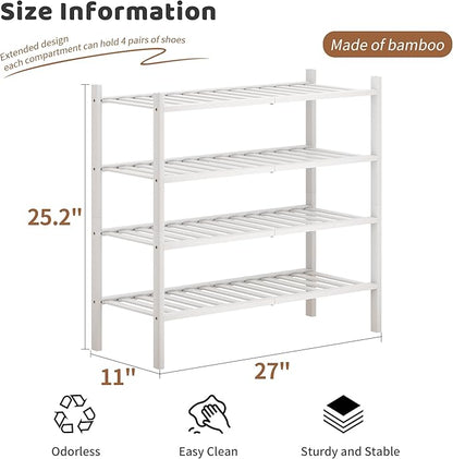 Bamboo Shoe Rack Stackable Shoe Shelf Storage Organizer for Unit Entryway Hallway and Closet Sturdy Freestanding Shoe Shelf(4 Tier White)