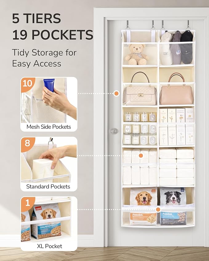 ULG Over the Door Organizer, 5-Tier Hanging Storage with Clear Windows, 19 Pockets for Closet, Pantry, Bathroom & Nursery Doors, Extra Large Storage Space with 4 Hooks, Easy to Install, Beige, 1-Pack