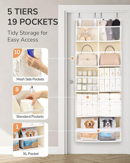 ULG Over the Door Organizer, 5-Tier Hanging Storage with Clear Windows, 19 Pockets for Closet, Pantry, Bathroom & Nursery Doors, Extra Large Storage Space with 4 Hooks, Easy to Install, Beige, 1-Pack