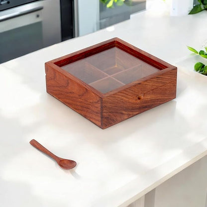 Wooden Spice Box, Masala Container, Condiments Storage Case for Kitchen, Multipurpose Decorative Box - Indian Rosewood Crafted