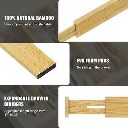 Bamboo Drawer Dividers,17-22" Adjustable Kitchen Drawer Organizer for Clothes,8 Pack Expandable Drawer Organization Separators for Bedroom,Bathroom,Dresser and Office,Natural