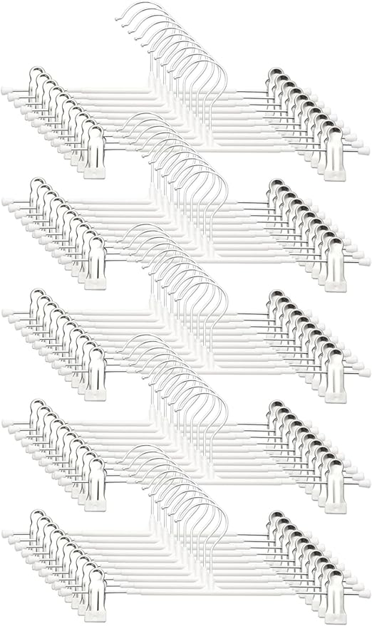 Pants Hangers with Clips, 50 Pack Heavy Duty Space Saving Pant Hangers for Closet Organizer, 12 Inch White Non Slip Clip Hangers for Jeans, Skirts, Shorts & Trousers, 360° Swivel Hook