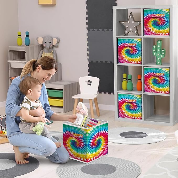 Sorbus 11 Inch Fabric Storage Cubes - Sturdy Collapsible Storage Bins & Handle - 6 Foldable Baskets for Organizing Clothes - Multi Colored Storage Baskets for Shelves (Dark Tie-dye, 11 Inch)