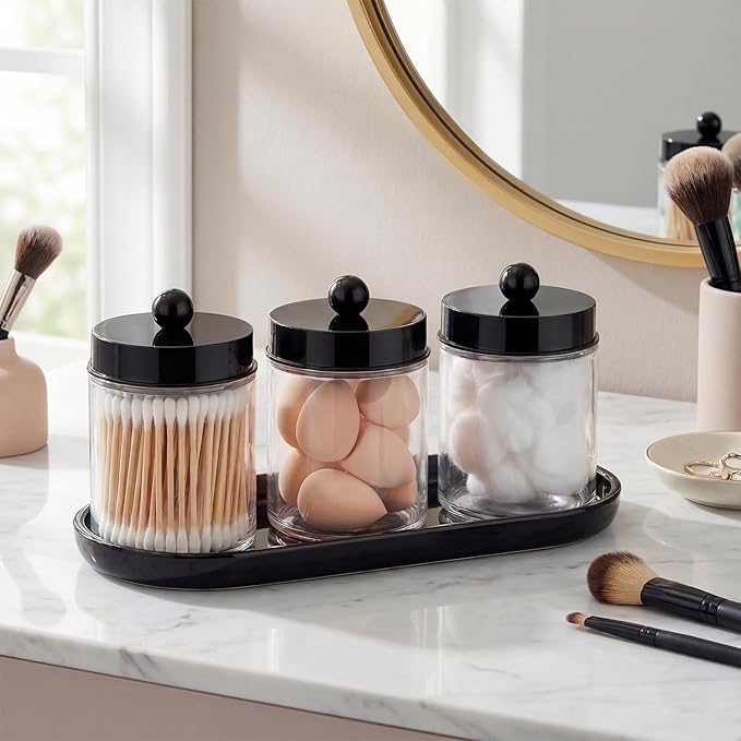 SheeChung Qtip Holder 3pcs, Glass Apothecary Jars with Acrylic Vanity Tray, Cotton Round Holder, Countertop Guest Canister Bathroom Organizers and Storage for Cotton Swabs/Balls, Floss Picks