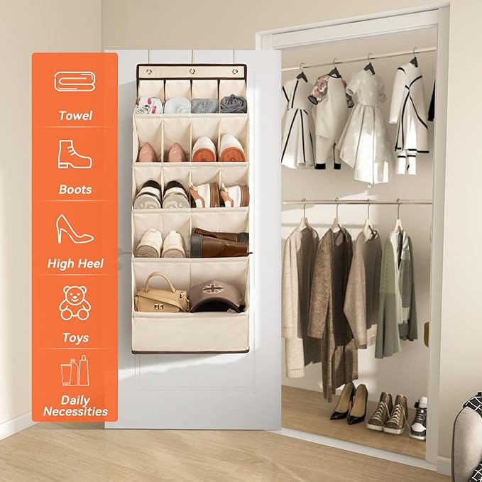 FENTEC 1 Pack Over the Door Shoe Organizers, Hanging Shoe Organizer with Large Deep Pocket Shoe Holder for Closet Shoes Rack for Wall, Over Door Shoe Storage Hold up to 18 Pairs Shoes, Beige