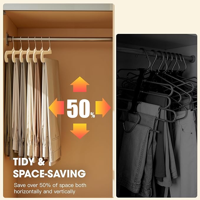 Flottian 10 Pack Velvet Pants Hangers - Open Ended Non-Slip Heavy Duty Closet Organizers with 360° Swivel Hook, Space-Saving Felt Hangers for Pants, Jeans, Dresses & Towels, Beige