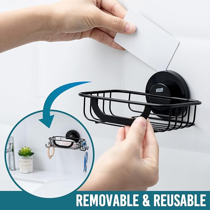 TAILI Shower Soap Holder, Soap Dish for Shower Wall with Hook, Bar Soap Holder, Suction Cup with Razor Holder, Stainless Steel for Bathroom Accessories, Black