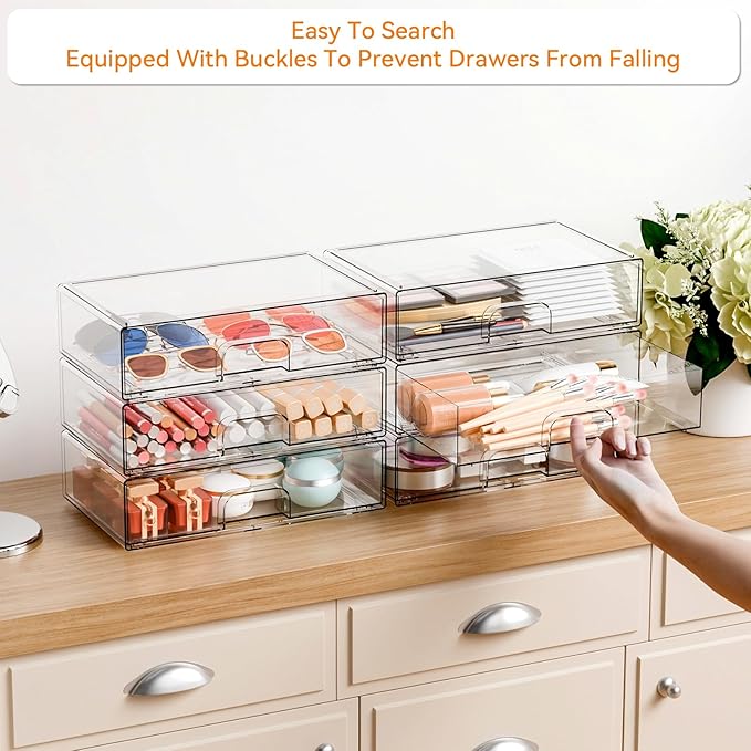 Yieach 12.2''W Clear Stackable Storage Drawers,4 Pack Acrylic Drawers,Bathroom Organizer Bin and Plastic Makeup Organizer,Clear Stacking Brightroom Storage Boxes for Vanity,Cabinet,Pantry Organization