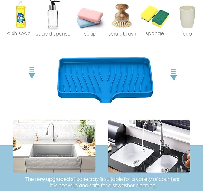 Kitchen Soap Tray, Self Draining Soap Holder Silicone Dish Sponge Holder, Bathroom Sink Organizer Sink Caddy for Sponge, Soap Dispenser, Palm Brush, Dish Scrubber