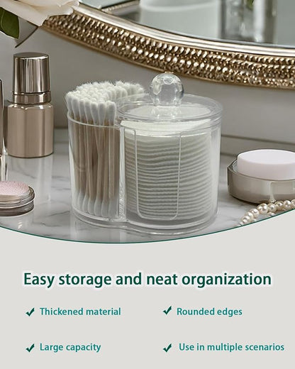 2-in-1 Cotton Round Holder & Cotton Swab Holder - Clear Plastic Bathroom Vanity Organizer, Shatterproof Apothecary Jar for Cotton Pad, Cotton Balls, Floss Picks, Hair Ties & Vanity Storage