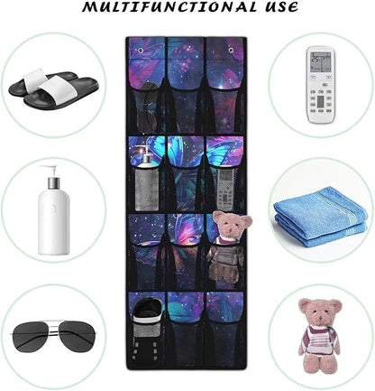 Over the Door Storage Organizer 12 Mesh Pockets, Heavy Duty Home Organization for Kitchen, Office, Dorm Rooms,Purple Butterfly