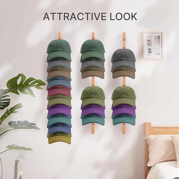 Solid Wood Hat Rack for Wall (2 Pack) - 20 Baseball Cap Organizer - Premium Beech Hat Holder & Vertical Display - Heavy Duty Hat Hangers for Closet, Door, Mens Room Decor (Natural)