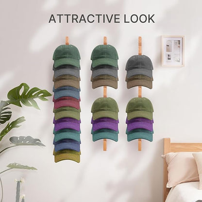 Solid Wood Hat Rack for Wall (3 Pack) - 30 Baseball Cap Organizer - Premium Beech Hat Holder & Vertical Display - Heavy Duty Hat Hangers for Closet, Door, Mens Room Decor (Natural)