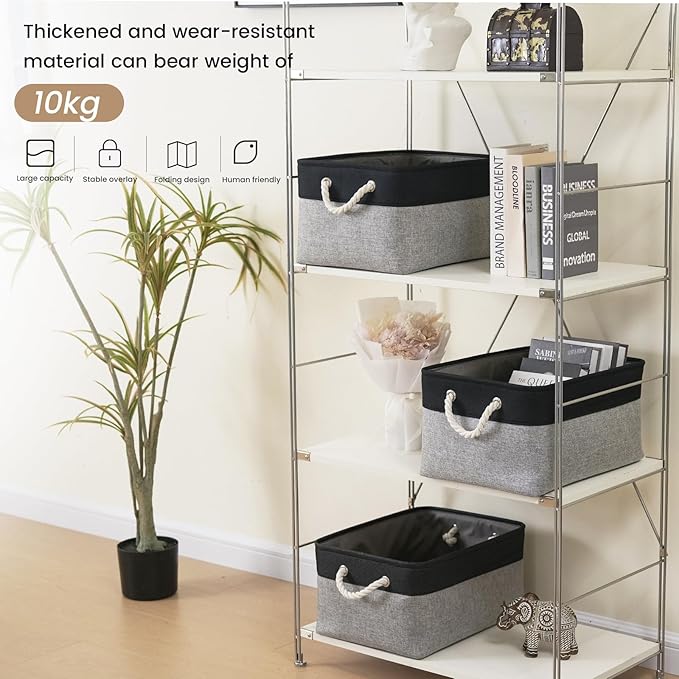 Large Storage Baskets- 15.7x11.8x8.26 inch Storage Bins for Shelves and Closet Organizing, Foldable Fabric Bin for Home Organization Clothes and Laundry (1-Pack, Black&Gray)