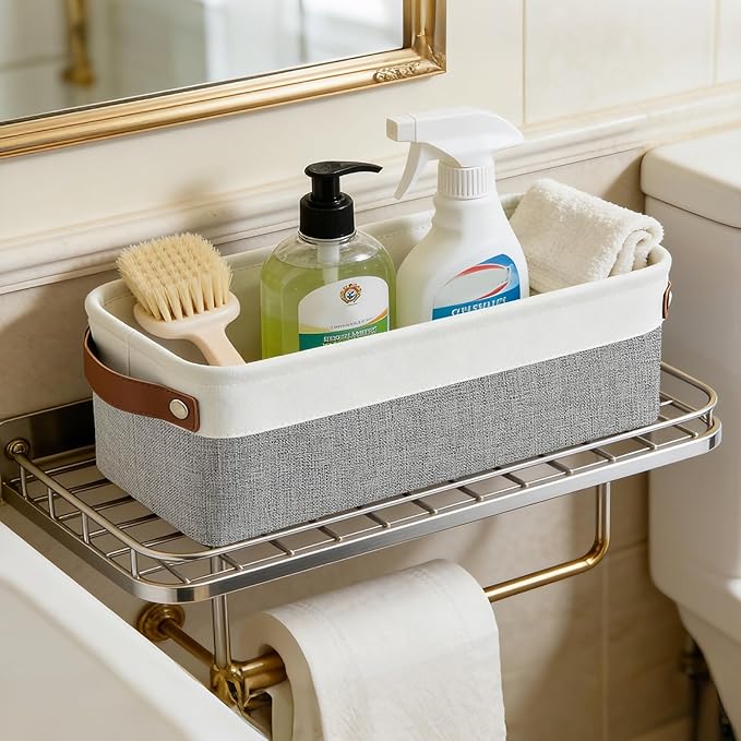 Bagnizer Small Fabric Storage Baskets, 15x6x5 inch Narrow Storage Bins 4-Pack Long Storage Basket for Organizing with Handles, Decorative Basket for Closets, Shelves, Toilet Paper, Grey