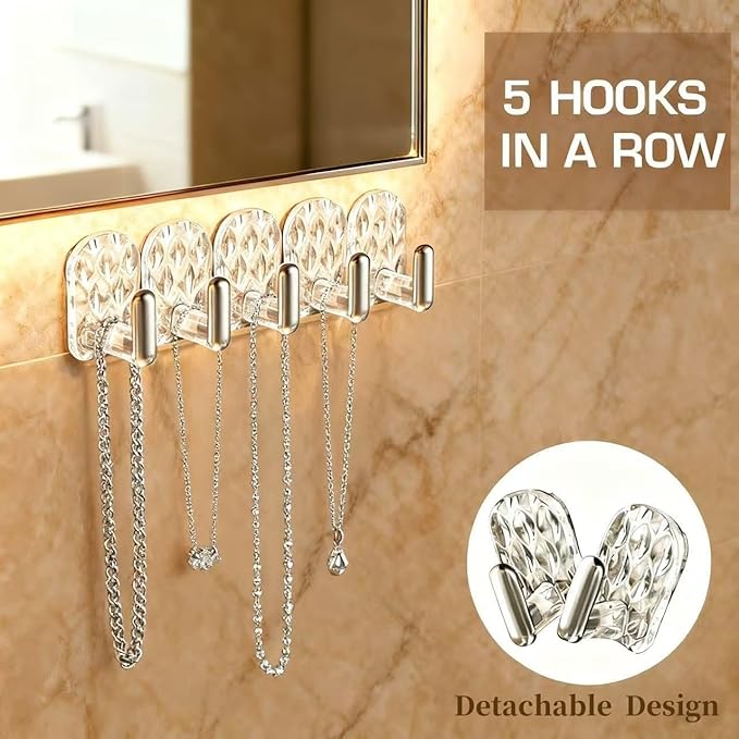 Gesodant 6 Pack Hanging Jewelry Organizer, Self-Adhesive Jewelry Hooks, Clear Wall Mounted Jewelry Hanger, Necklace Display Holder, 30 Hooks in Total