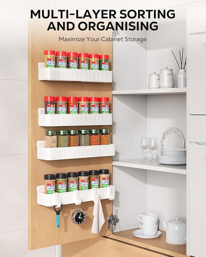 Nieifi Spice Rack Wall Mount, Spice Organizer for Spice Jars, Screw or Adhesive Hanging Organizer for Kitchen Cabinet or Pantry Door, 4 Pack, White, ABS Plastic