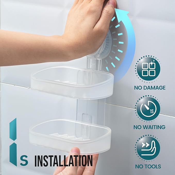 TAILI Soap Holder Soap Dish for Shower, Suction Cup Soap Holder for Shower Wall, Bathroom Accessories, Removable Strong Hold Soap Saver, Drill Free, Clear 2 Layer
