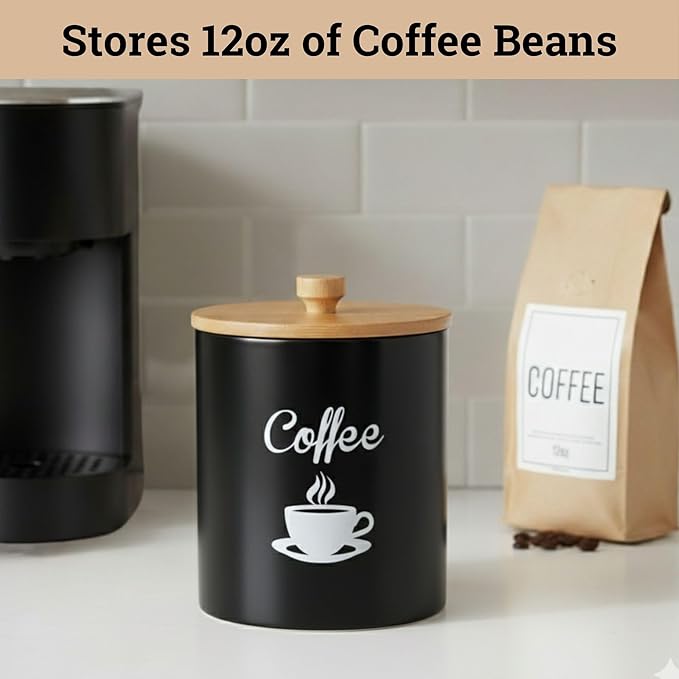 Ceramic Coffee Canister - 12 oz Black Airtight Canister - 5 x 6 inch Coffee Bean Storage Container - Stylish Countertop Container for Grounds, Beans, Pods & More with Rubber-Lined Bamboo Lid