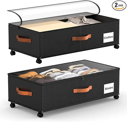 Eastherry Under Bed Storage Containers with Wheels, 9.5 inches Higher Underbed Shoes Blankets Clothes Toy Storage Drawers for College Dorms Bedrooms Nursery Rooms Organization, 2 Pack to be Assembled