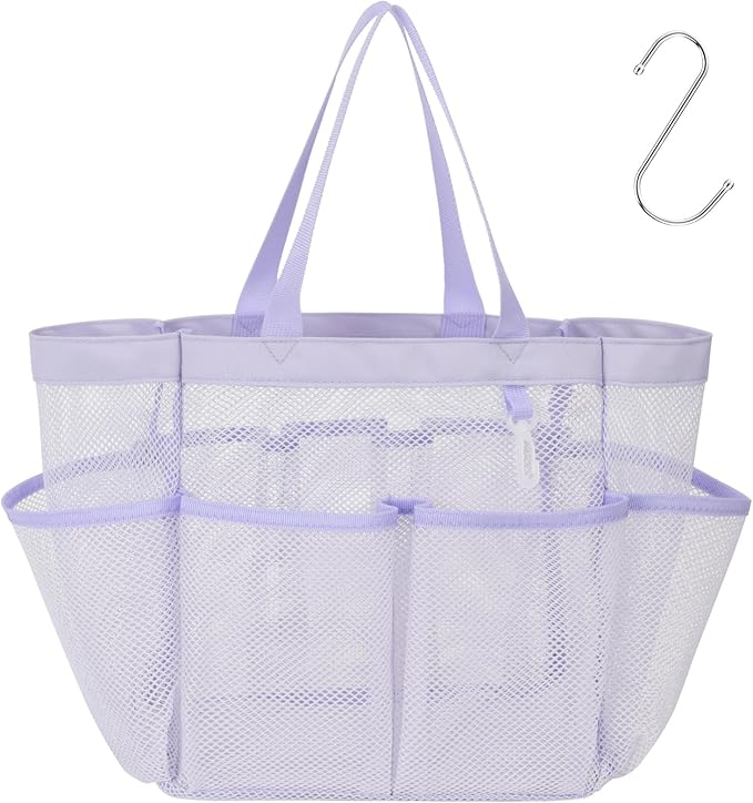 F-color Mesh Shower Caddy Portable, Upgrade Deeper 7 Pockets Shower Bag Basket Tote for College Dorm Room Toiletry Bathroom Essentials Gym Camp Quick Dry 2 handles with S Hook, Purple