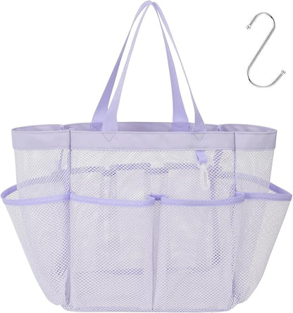 F-color Mesh Shower Caddy Portable, Upgrade Deeper 7 Pockets Shower Bag Basket Tote for College Dorm Room Toiletry Bathroom Essentials Gym Camp Quick Dry 2 handles with S Hook, Purple