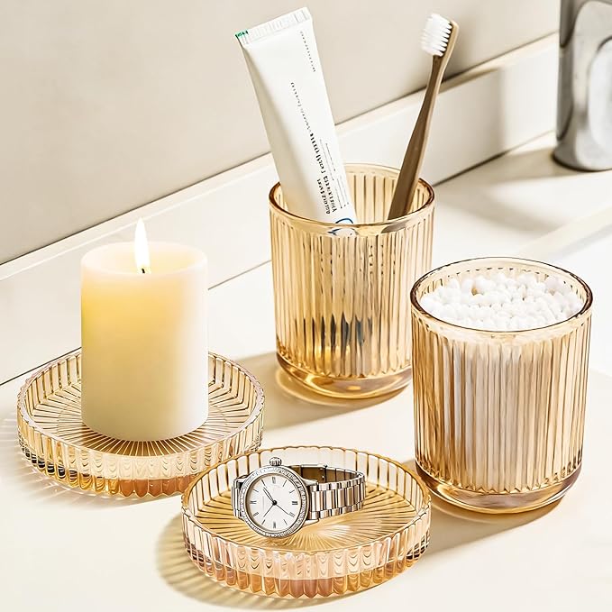 Glass Qtip Dispenser 2 Pack, Clear Bathroom Storage Organizer for Cotton Swabs, Balls, Pads & Floss Picks, Vanity Makeup Essential Accessories (Amber)