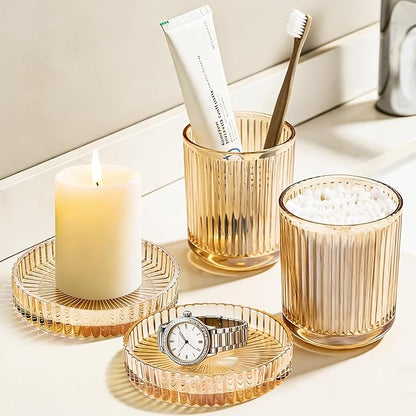 Glass Qtip Dispenser 2 Pack, Clear Bathroom Storage Organizer for Cotton Swabs, Balls, Pads & Floss Picks, Vanity Makeup Essential Accessories (Amber)