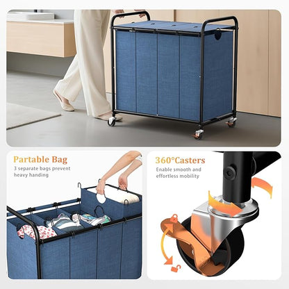 Laundry Sorter 4 Sections 48 Gal, Rolling Laundry Basket with Lockable Wheels and Lid, Laundry Hamper with 4 Separated Removable Bags Dirty Clothes Hamper for Laundry Room Organizer, Blue