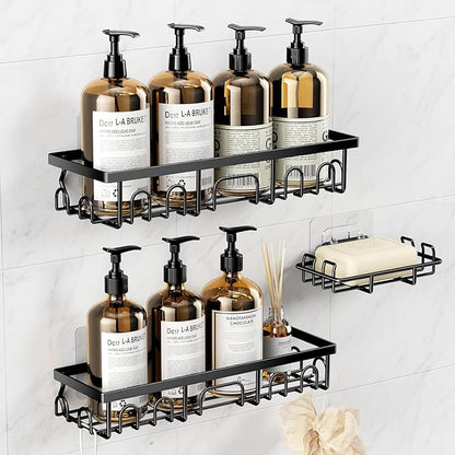 Shower Caddy, 3 Pack Shower Shelves for Inside Bathroom, Rustproof Adhesive Bathroom Organizer with Soap Holder, No Drilling Washroom Organizers and Storage for Bathtub Room/Kitchen/Home, Black