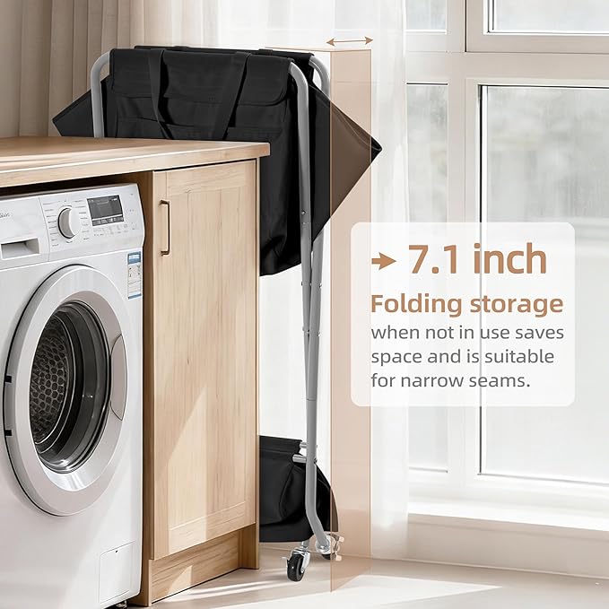 STORAGE MANIAC Collapsible Laundry Cart with Wheels 35.6"H Removable Canvas Bag Rolling Laundry Hamper Clothes Basket with Wheels, Sturdy Steel Frame Folding for Small Narrow Space Easy Storage, Black