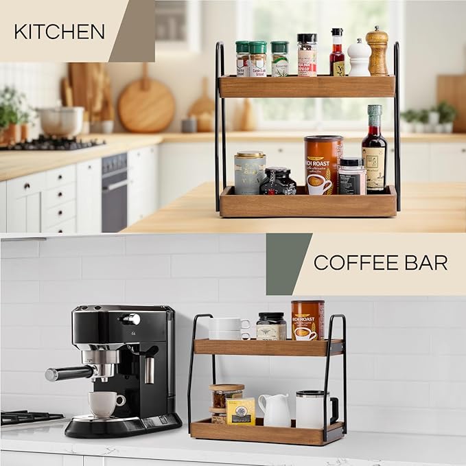 THYOI Acacia Wood 2-Tier Wooden Organizer Countertop 15.4” x 6.7” x 14.6”, Two-Tier Bathroom Organizer, Storage Organizer, Wooden Organizer, Countertop Storage Shelf (Walnut with Black Steel)