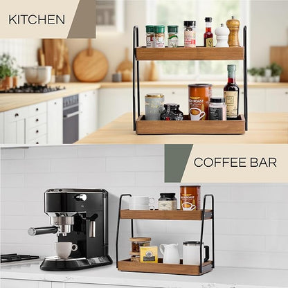 THYOI Acacia Wood 2-Tier Wooden Organizer Countertop 15.4” x 6.7” x 14.6”, Two-Tier Bathroom Organizer, Storage Organizer, Wooden Organizer, Countertop Storage Shelf (Walnut with Black Steel)