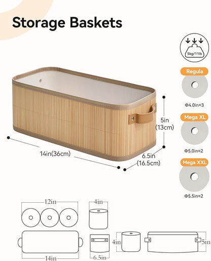 Narrow Storage Bins, Small Basket for Closet and Shelves, Bamboo Toilet Paper Storage Organizer with Handles for Countertop-Bathroom-Home Decor, 2-Pack