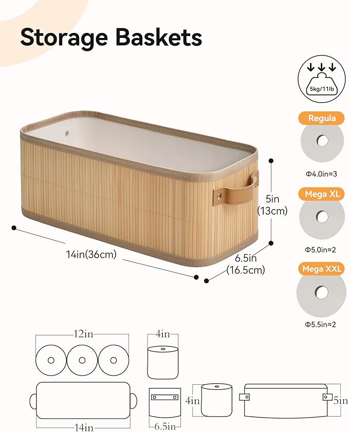 Narrow Storage Bins, Small Basket for Closet and Shelves, Bamboo Toilet Paper Storage Organizer with Handles for Countertop-Bathroom-Home Decor, 4-Pack
