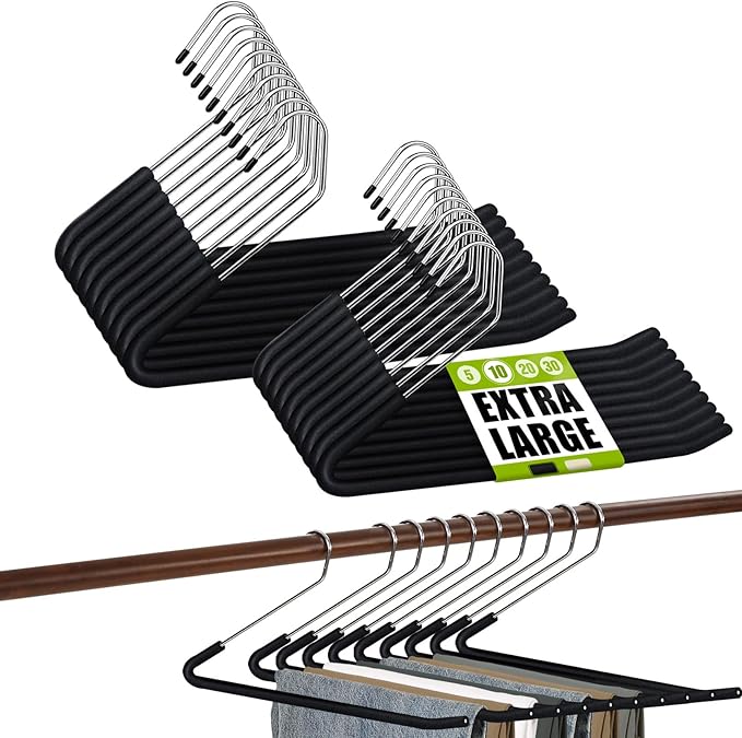 Spring Fever Open Ended Non Slip Sponge Padded Pants Hangers - Chrome Plating Foam Heavy Duty Space Saving Black Long 20