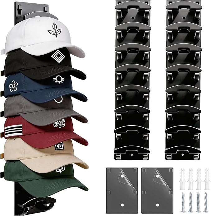 FAYYGYH Hat Organizer for Baseball Caps, 2 Pack Strong Adhesive Hat Rack for Wall, Multilayer Hat Storage Display Holder, Wall Mounted Hat Hooks Hold up to 16 Hats for Closet Door and Bedroom (Black)