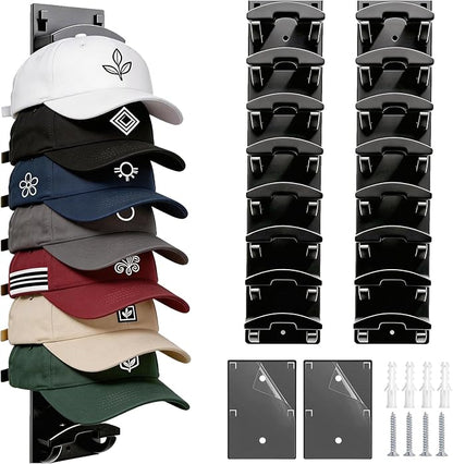FAYYGYH Hat Organizer for Baseball Caps, 2 Pack Strong Adhesive Hat Rack for Wall, Multilayer Hat Storage Display Holder, Wall Mounted Hat Hooks Hold up to 16 Hats for Closet Door and Bedroom (Black)