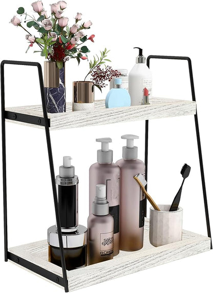 Dorhors 2 Tier Bathroom Counter Organizer Storage,Vanity Organizer for Bathroom Counter,Wood Standing Rack for Kitchen(Rustic White)