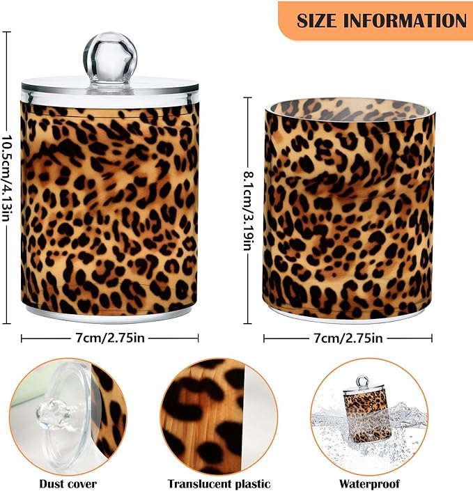 Kigai Leopard Print Qtip Holder - 14OZ Clear Plastic Apothecary Jars Bathroom Canister Dispenser Organizer Vanity Storage Jar with Lid for Cotton Ball, Cotton Swab, Floss (4PACK)
