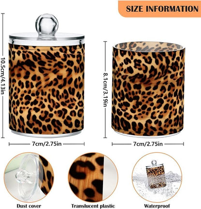 Kigai Leopard Print Qtip Holder - 14OZ Clear Plastic Apothecary Jars Bathroom Canister Dispenser Organizer Vanity Storage Jar with Lid for Cotton Ball, Cotton Swab, Floss (4PACK)