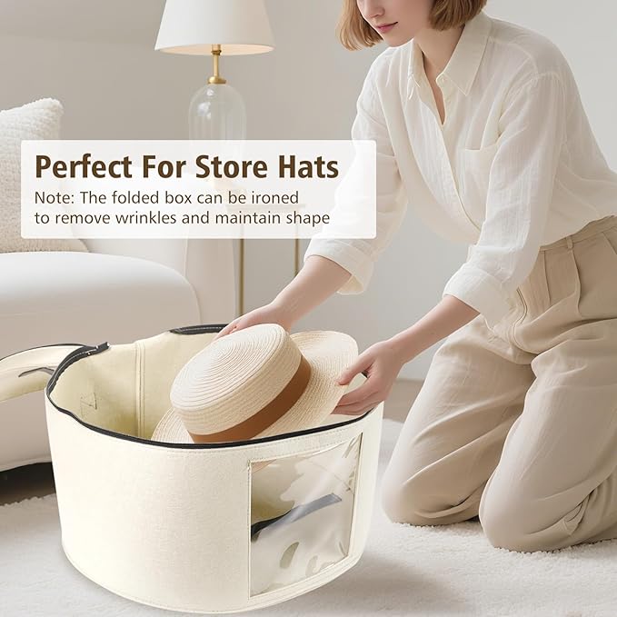 HEAVYWOOD Hat Box for Women Storage Travel Felt Hat Case for Wide-Brim Cowboy Hat Storage Foldable Organizer for Closet Large Round Hat Carrier with Portable Handle (White)