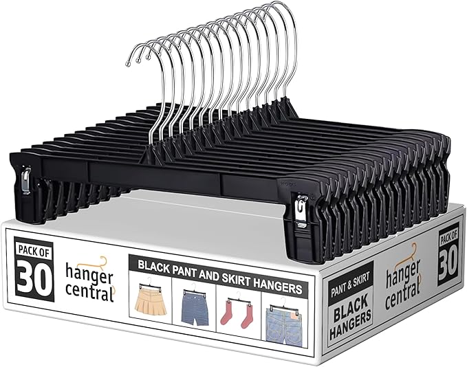 30 Pack Pants Hangers Slim Plastic Clothes Hangers with Clips for Skirts, Shorts & Trousers – Non Slip Grip, Heavy Duty Space Saver with Swivel Hook – Black Closet Organizer - 10 Inch